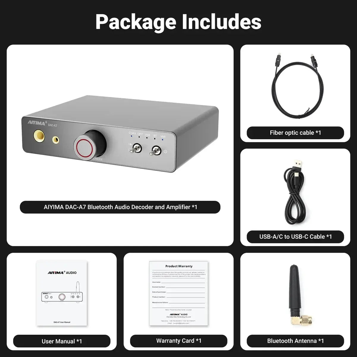 AIYIMA DAC-A7 Bluetooth Audio Decoder and Amplifier package contents including cords and manuals.