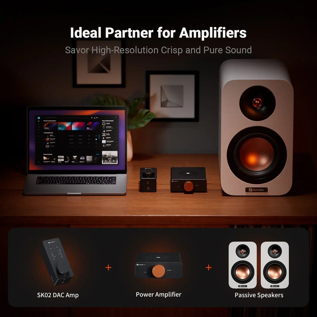 Fosi Audio SK02 Balanced Headphone Amp & DAC connected with power amplifier and passive speakers, showcasing high-resolution sound.