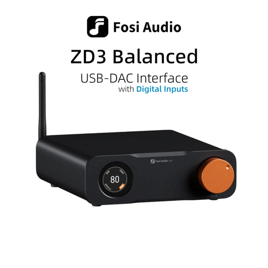 Fosi Audio ZD3 Balanced USB-DAC Interface with Digital Inputs and adjustable volume knob.