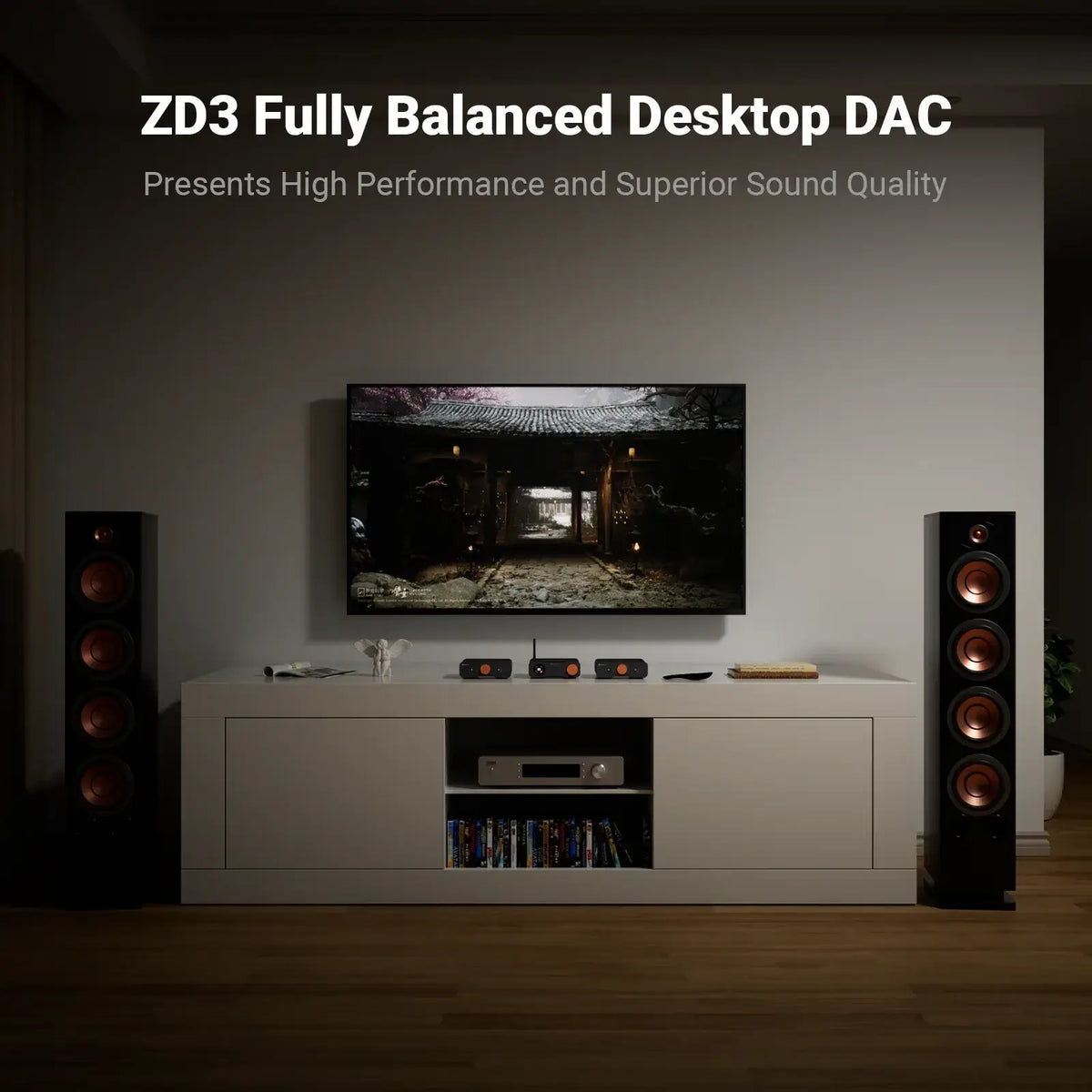 Fosi Audio ZD3 Balanced DAC Preamp in a home setup with high-quality speakers and display.