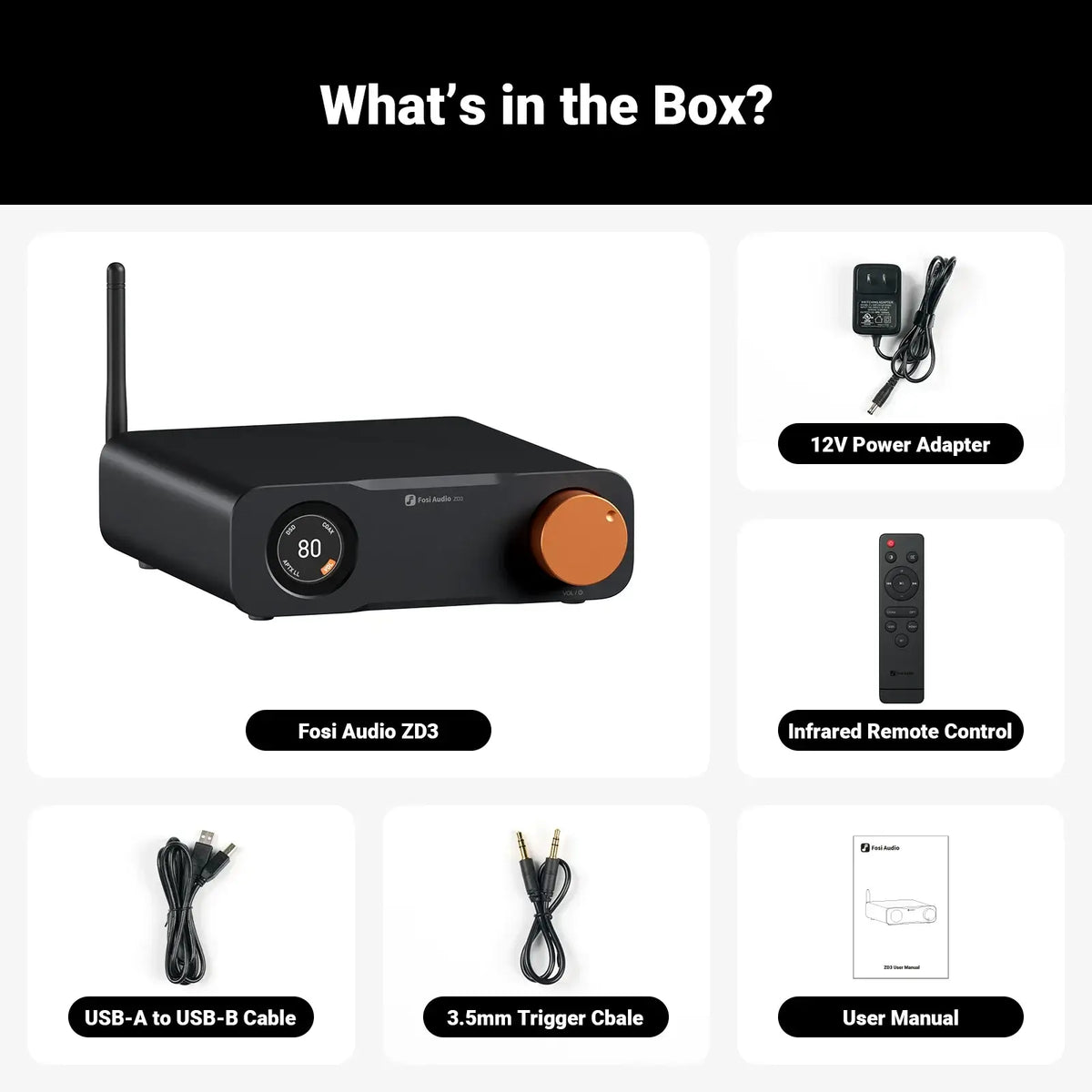 Fosi Audio ZD3 Balanced DAC Preamp with included components like USB cable, power adapter, remote control, and user manual.