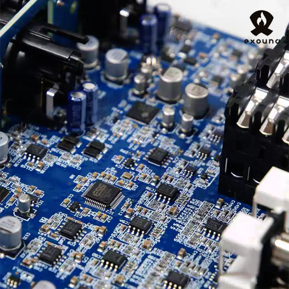 Close-up of a blue circuit board of the MOTU M2 audio interface.