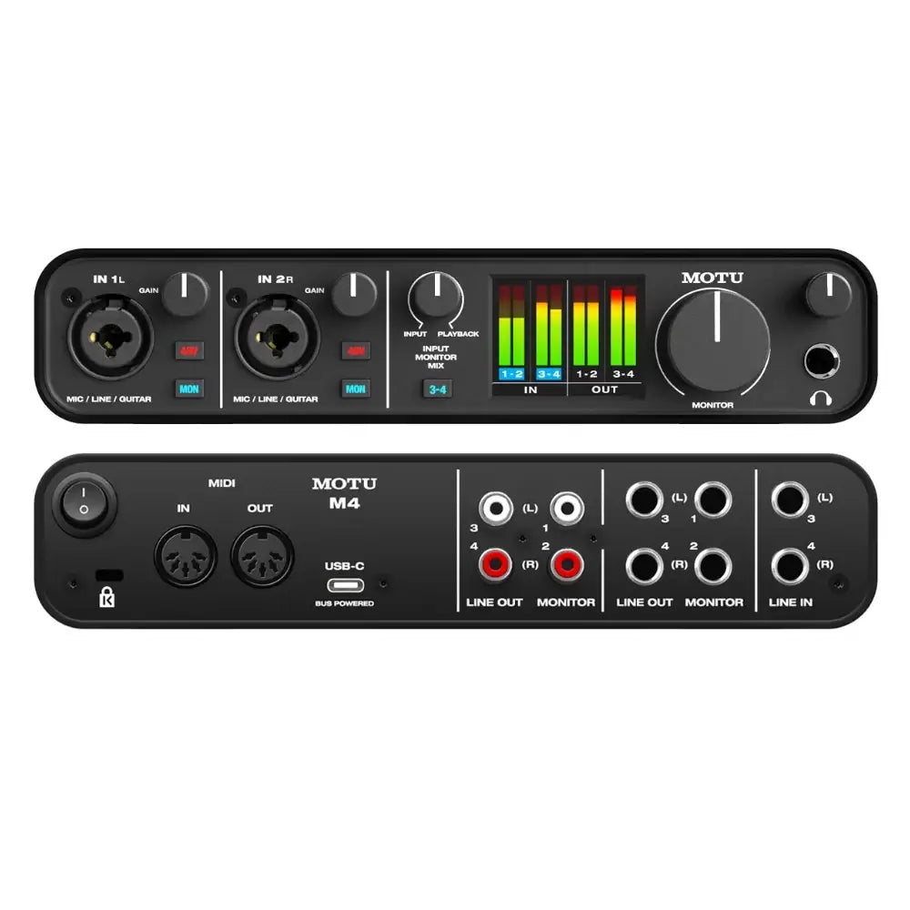 The front and back panels of the MOTU M4 audio interface on a white background.