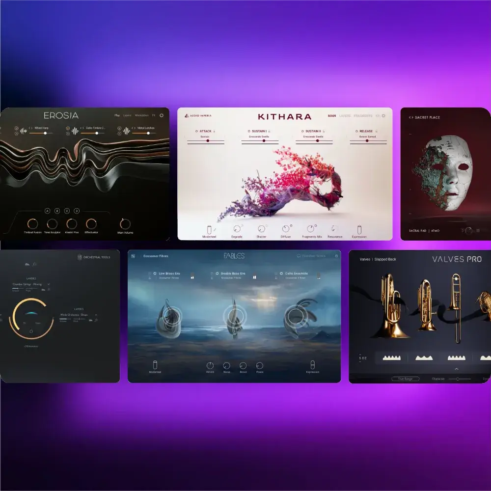 Collection of Native Instruments virtual instruments interfaces on a vibrant background
