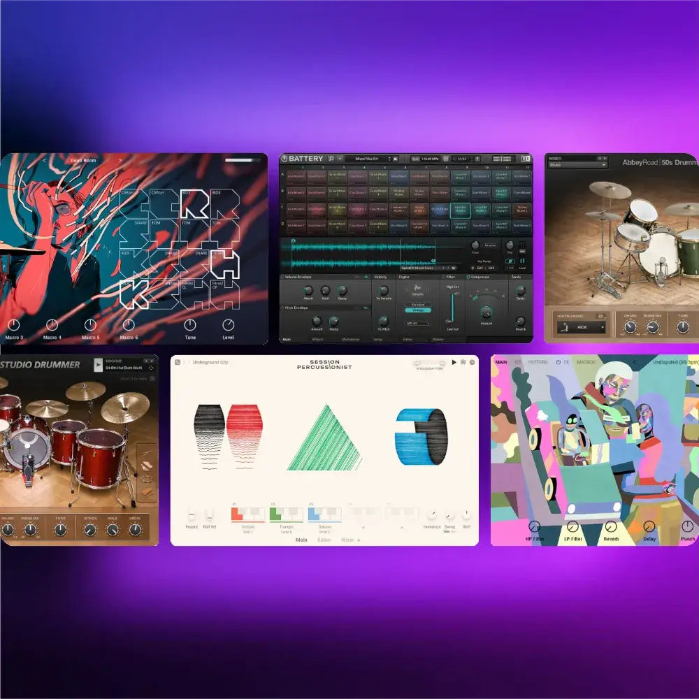 Various Native Instruments software interface screens showcasing music production tools and plugins.