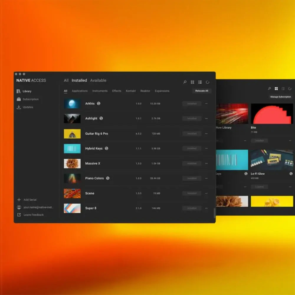 Screenshot of Native Instruments software interface showing installed and available products on a vibrant gradient background.