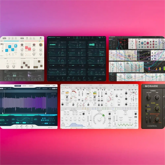 Various Native Instruments plugins displayed on a vibrant background, showcasing music production tools.