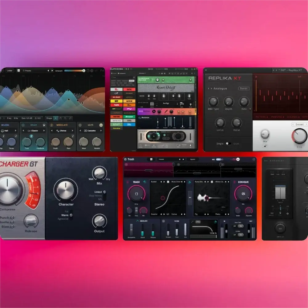 Native Instruments Komplete 26 Standard plugins interface on colorful background.