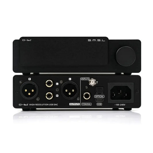Back view of SMSL D-6s balanced USB-DAC showing inputs and outputs, including RCA and XLR connections.