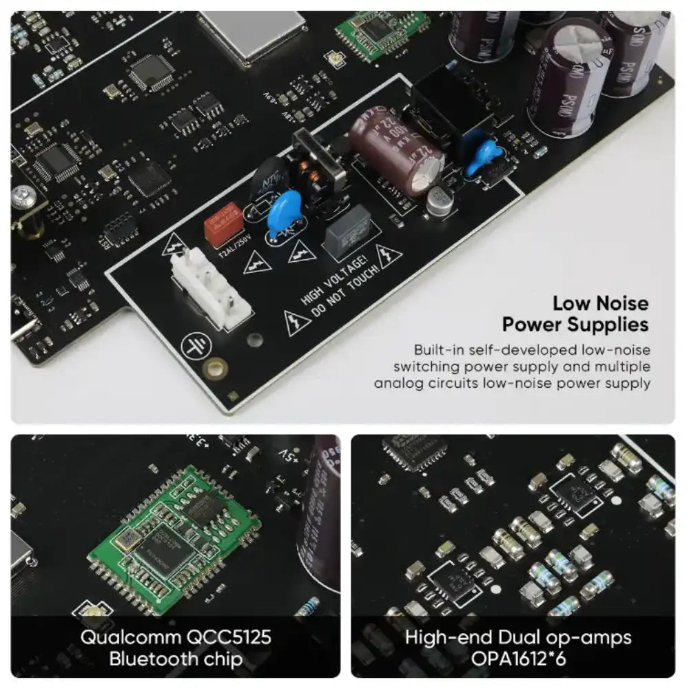 Close-up of SMSL DO100 Pro circuit board showing low noise power supplies, Qualcomm QCC5125 Bluetooth chip, and high-end dual op-amps.