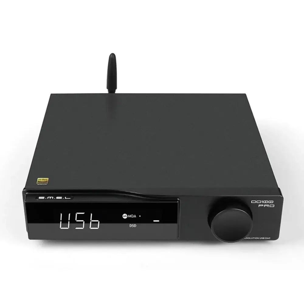 SMSL DO100 Pro desktop DAC featuring dual ES9039Q2M chips and Bluetooth connectivity, sleek black design.