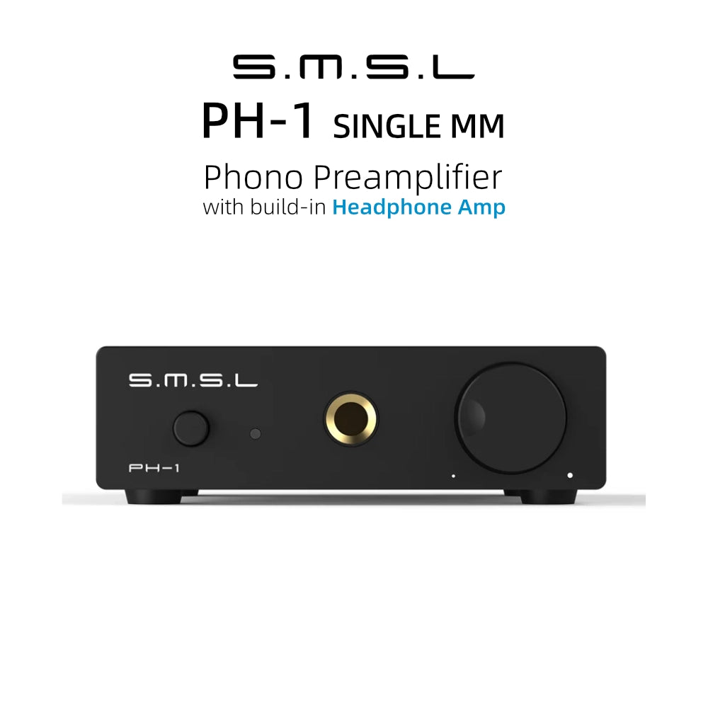 SMSL PH-1 MM Phono Preamp with built-in Headphone Amp, featuring sleek design and high-quality sound.