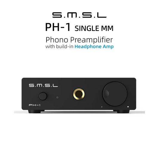 SMSL PH-1 MM Phono Preamp with built-in Headphone Amp, featuring sleek design and high-quality sound.