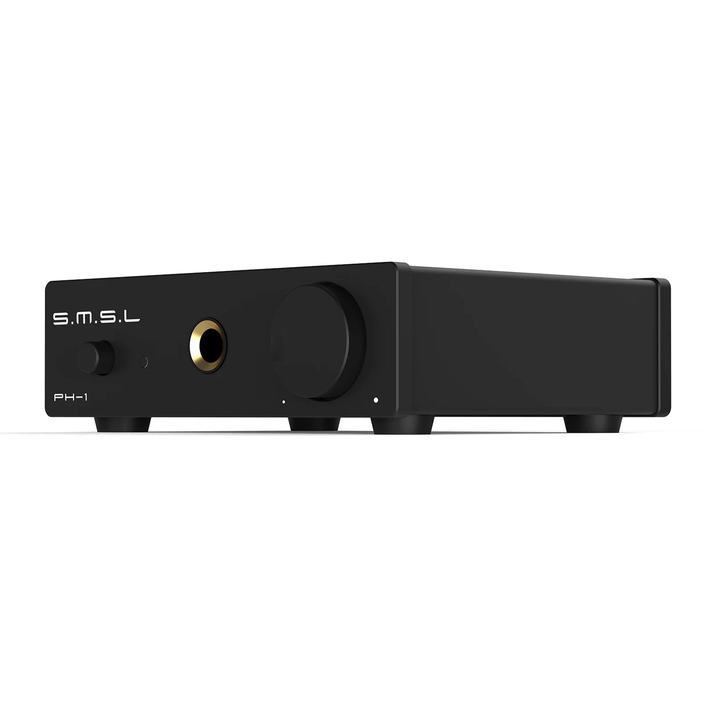 SMSL PH-1 MM phono preamp and headphone amp in sleek black design, featuring headphone jack and gain control.