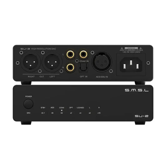 Back view of SMSL SU-2 Balanced AES-DAC preamp showing inputs and outputs, including AES, coaxial, and optical connections.