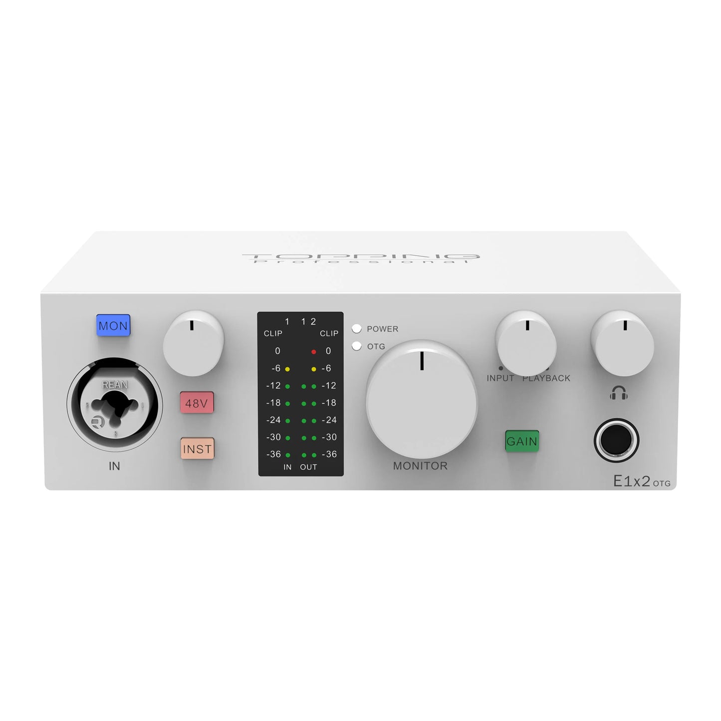 TOPPING E1x2 OTG Professional Audio Interface with controls for streaming and recording audio, white version.