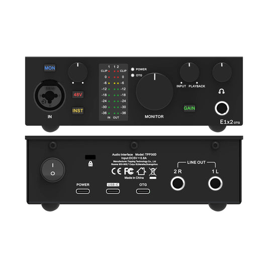 TOPPING E1x2 OTG Professional Audio Interface showing front and back controls for live streaming.
