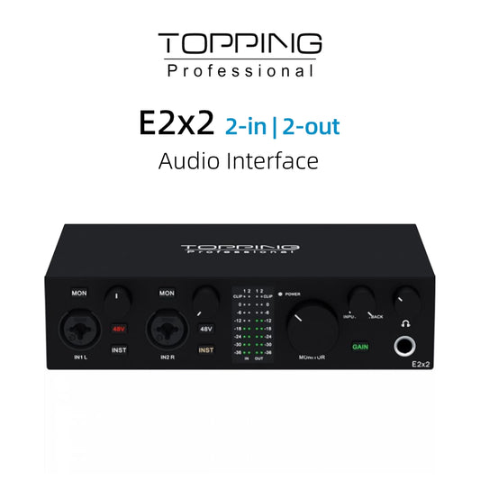 TOPPING E2x2 2-in 2-out Audio Interface with ultra-linear preamps and headphone amp for high-quality recording.