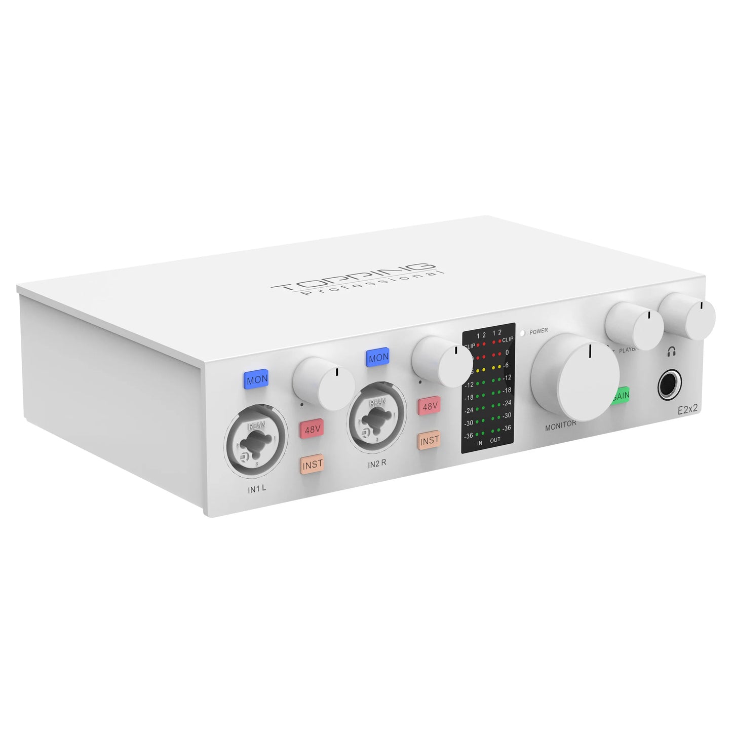 TOPPING E2x2 Professional Audio Interface featuring inputs, volume controls, and LED meter for high-quality recording, white version.