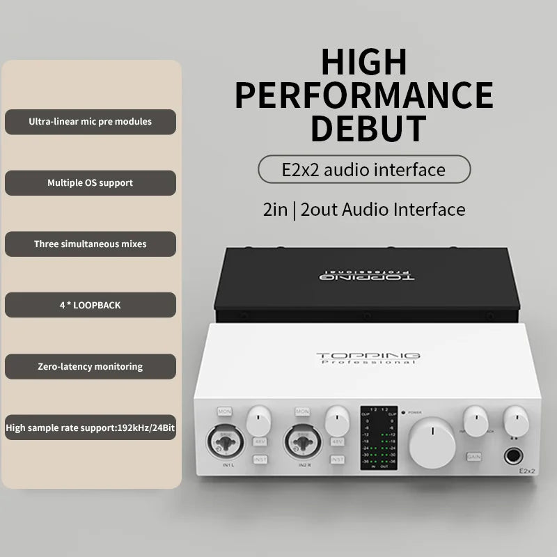 TOPPING E2x2 Professional Audio Interface features ultra-linear mic preamps and 24-bit/192kHz recording capabilities.