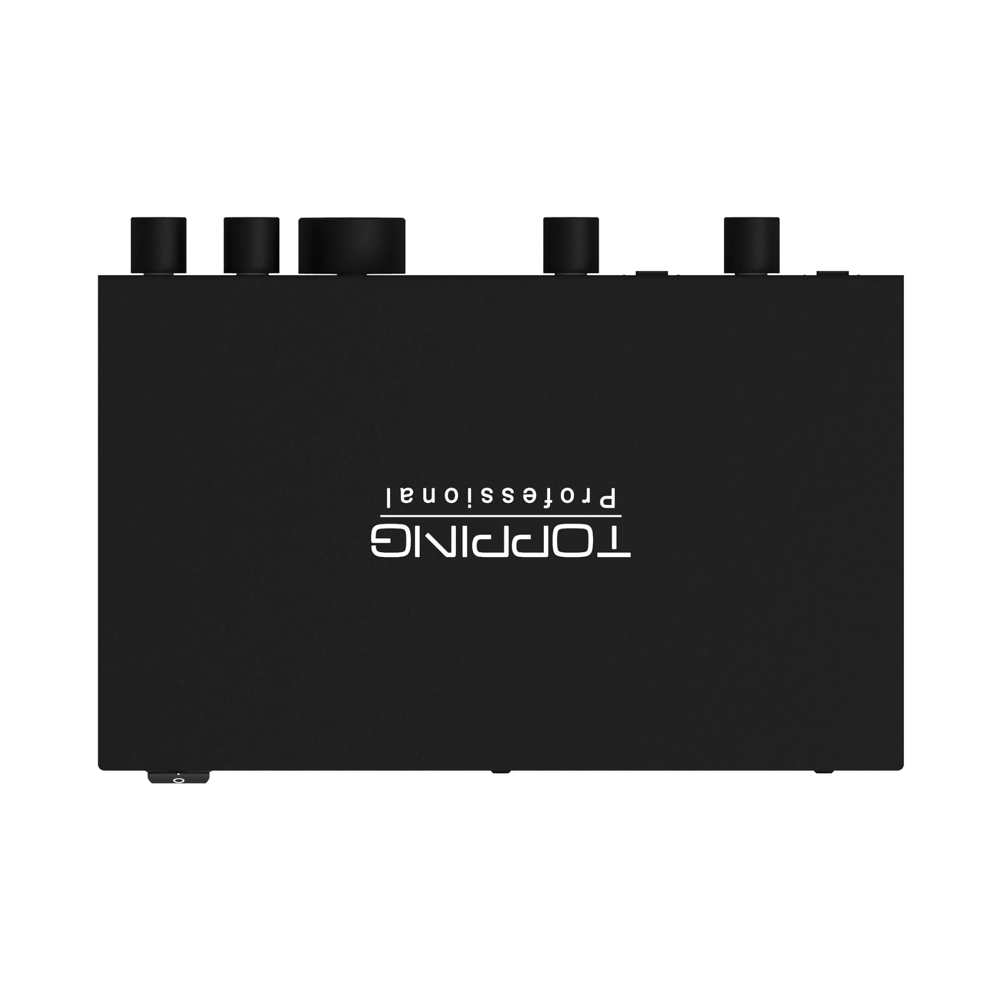 TOPPING E2x2 Professional Audio Interface top view with knobs for volume and settings.