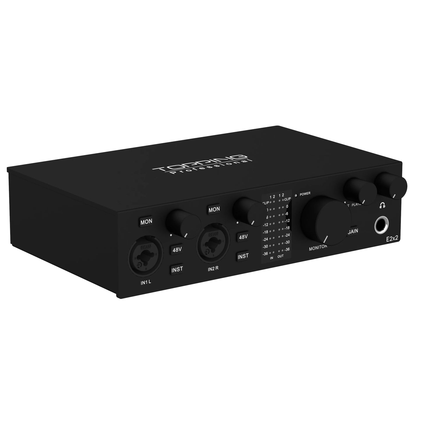 TOPPING E2x2 Professional Audio Interface featuring inputs, volume controls, and LED meter for high-quality recording, black version.