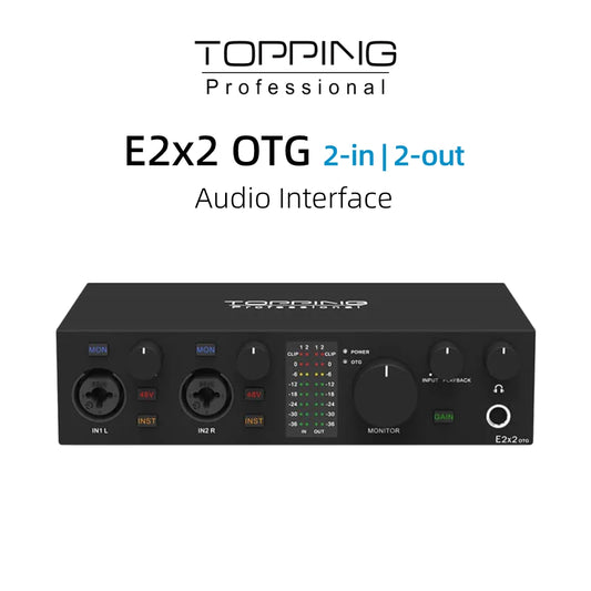 TOPPING E2x2 OTG 2-in 2-out audio interface for professional live streaming and mobile recording.