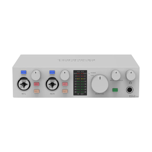 TOPPING E2x2 OTG Professional Audio Interface front view with input and output controls for live streaming.