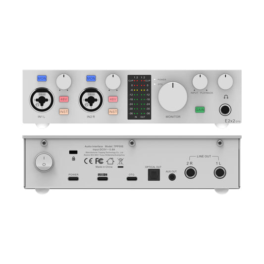 TOPPING E2x2 OTG Professional Audio Interface front and back view with input/output options for mobile livestreaming.