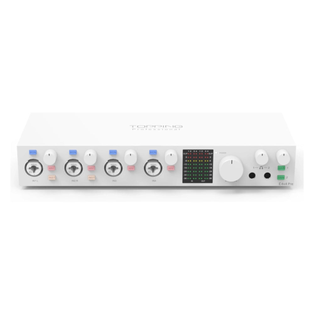 TOPPING E4x4 Pre professional audio interface featuring dual headphone amps and Type-C connectivity.