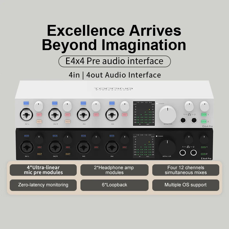 TOPPING E4x4 Pre professional audio interface showcasing 4-in 4-out capabilities and ultra-linear mic preamps.