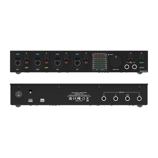 TOPPING E4x4 Pre Professional Audio Interface front and back views showing ultra-linear preamps and connectivity options.