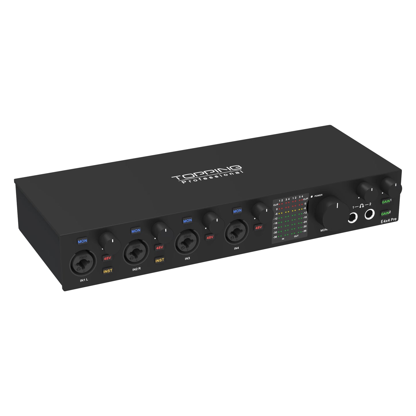TOPPING E4x4 Pre Professional Audio Interface for Studio Recording with ultra-linear preamps and Type-C connectivity, black version