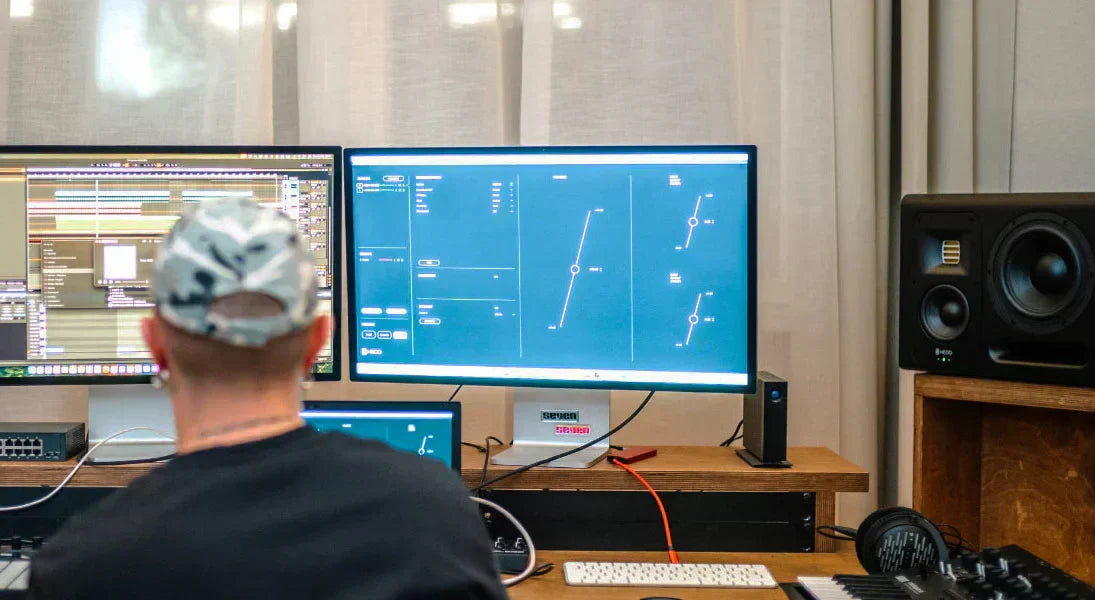 A person using HEDD CTRL software for calibration on large monitors in a music production studio.