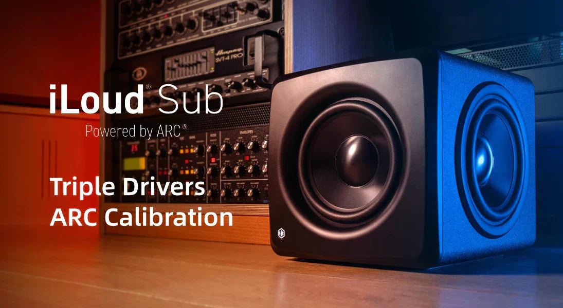 IK iLoud Sub featured in a studio setting highlighting its triple drivers and ARC calibration for high-quality sound.