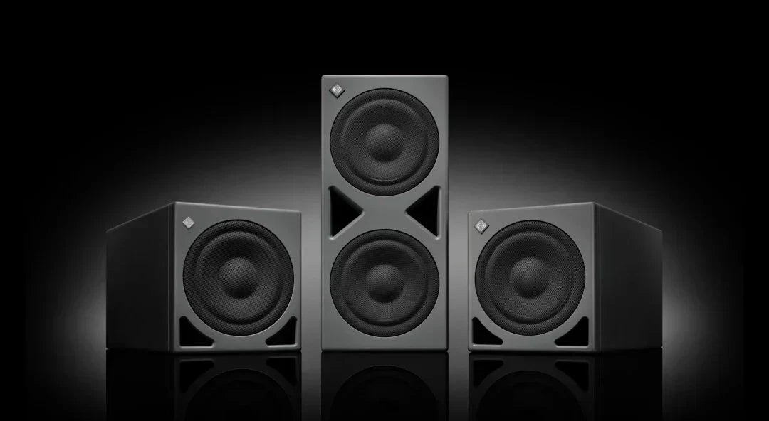 Neumann KH805 810 870 II Subwoofer speaker setup on a dark background, showcasing premium audio quality.