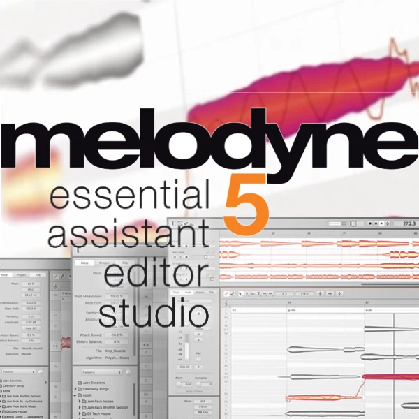 Celemony Melodyne 5 collection showcasing Essential, Assistant, Editor, and Studio editions.