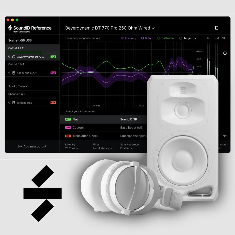 Sonarworks SoundID software interface with studio monitors and headphones for audio calibration.