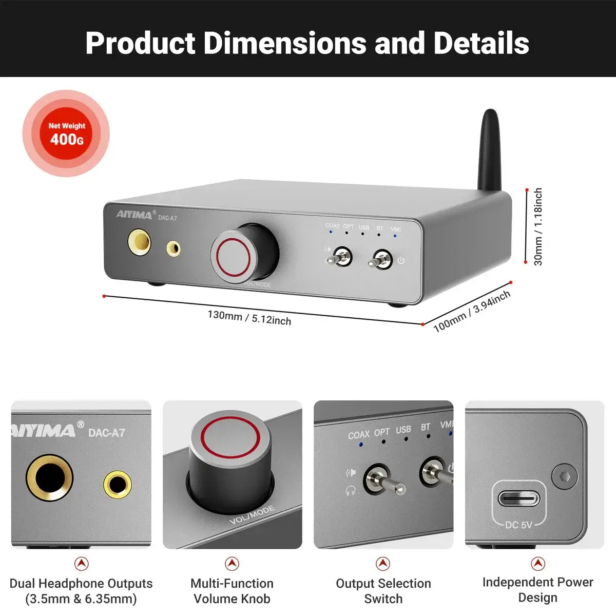 AIYIMA DAC-A7 All-in-one Headphone Amp product dimensions and details including headphone outputs and volume knob.