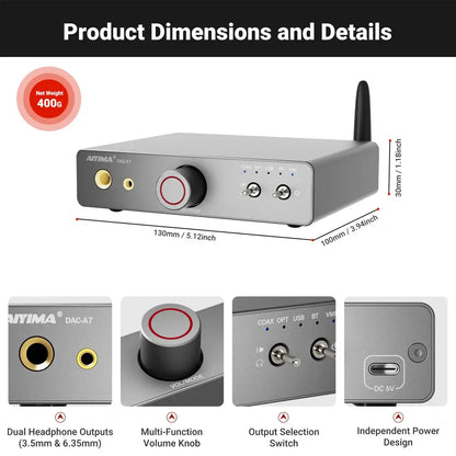 AIYIMA DAC-A7 All-in-one Headphone Amp product dimensions and details including headphone outputs and volume knob.