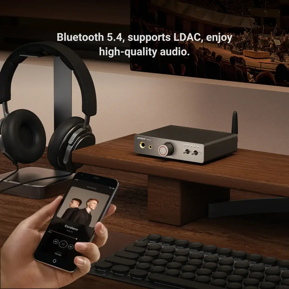 AIYIMA DAC-A7 all-in-one headphone amp with Bluetooth 5.4 and LDAC for high-quality audio.