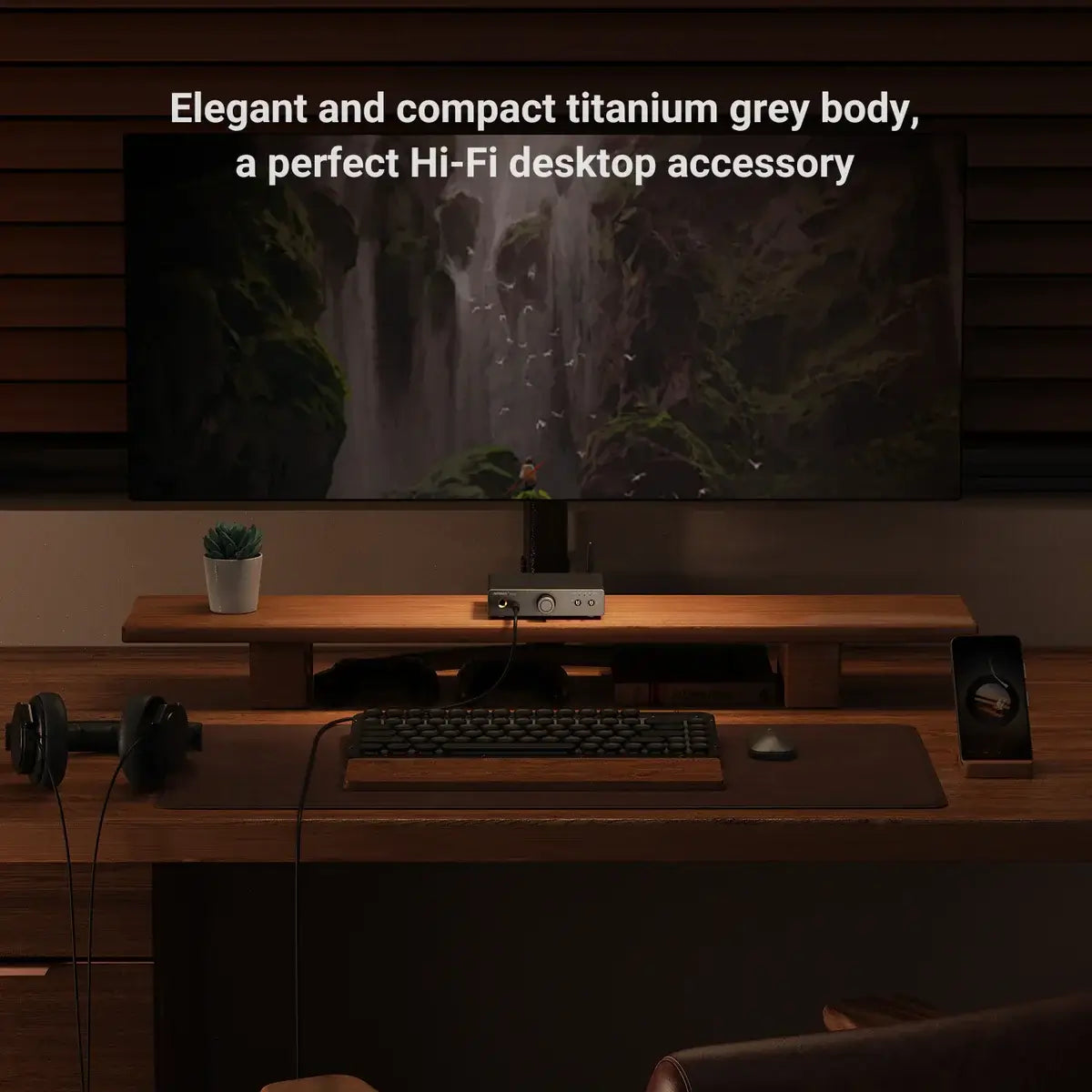 AIYIMA DAC-A7 All-in-one Headphone Amp with elegant titanium grey design, perfect Hi-Fi desktop accessory.