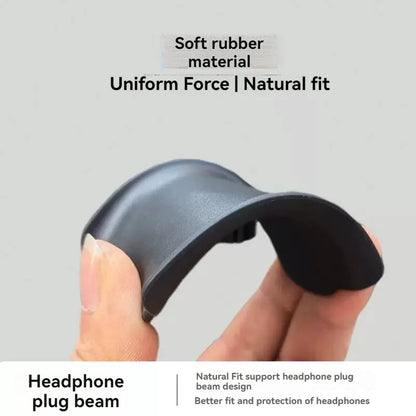 Headphone plug beam held by a hand with text about soft rubber material and uniform force.