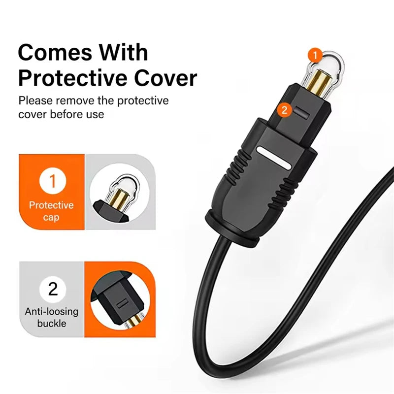 Toslink SPDIF Cable showing protective cover removal instructions and anti-loosening buckle features.