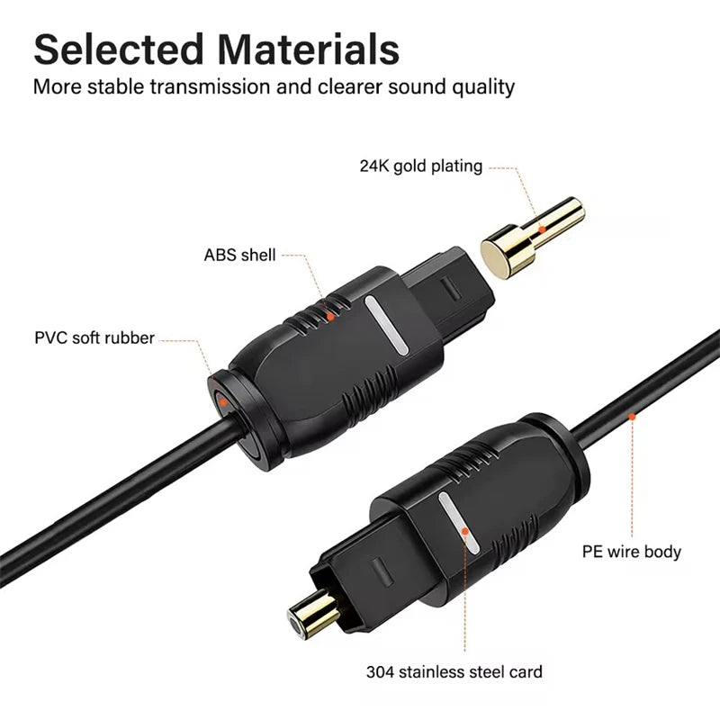 Toslink SPDIF Cable 3M featuring 24K gold plating and 304 stainless steel connectors for enhanced sound quality.