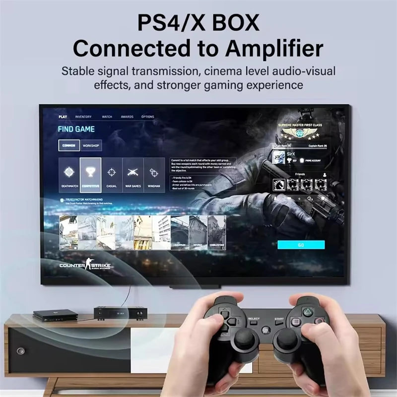 PS4/X BOX connected to amplifier for stable signal transmission and enhanced gaming experience.