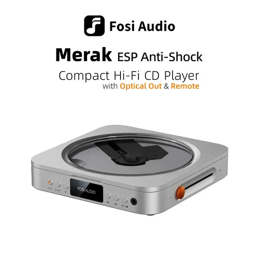 Fosi Audio Merak CD player with ESP Anti-Shock, compact design, Optical Out, and remote control features.