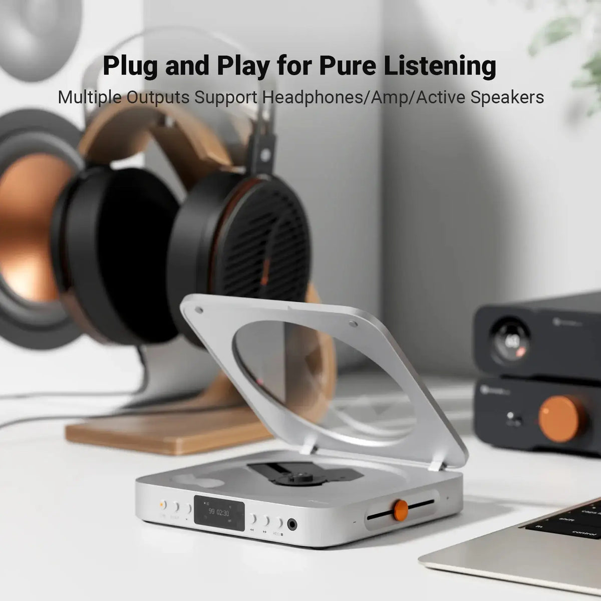 Fosi Audio Merak CD Player shown with headphones and multiple outputs for enhanced listening experience.