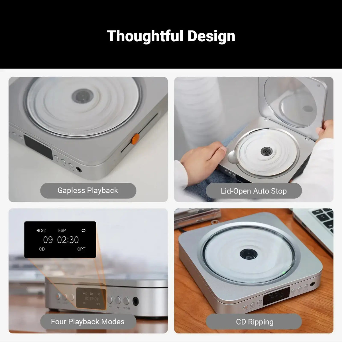 Fosi Audio Merak CD Player features including gapless playback, lid-open auto stop, four playback modes, and CD ripping.