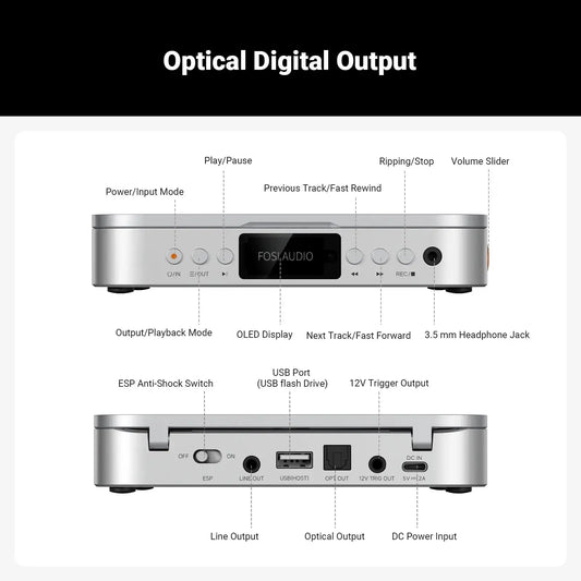 Fosi Audio Merak CD Player image showing optical digital output and control interface with headphone jack and USB port.